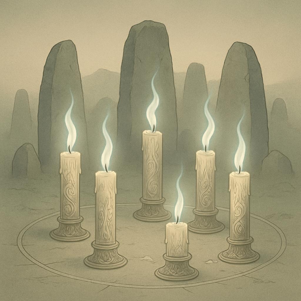 Magical scene with stone circles and candles (black-and-white, grayscale)